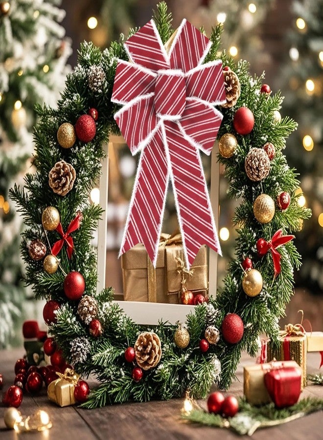 Blinket 2PCS Christmas Bows Red Striped Ribbon with Fluffy Edges, Wired Red and White Bows for Christmas Wreaths, Gift Wrapping, Indoor Outdoor Home Décor 8.46 inch × 12.99 inch - Image 3